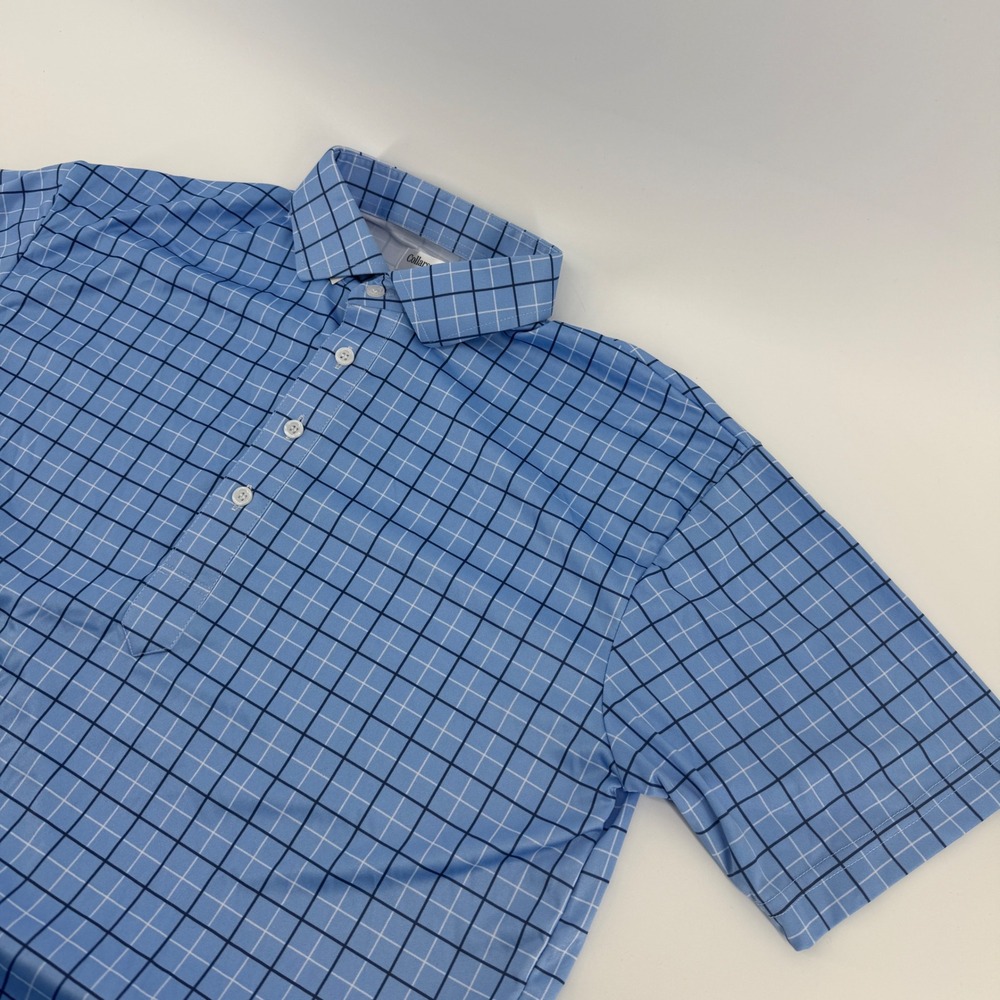 Collars & Co Mens Medium Blue Windowpane Check Short Sleeve Polo Dress Shirt 930